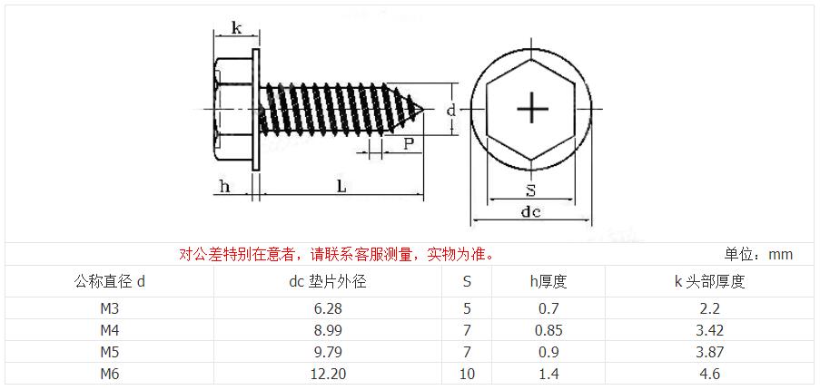 Hex flange self tapping screw size and drawing